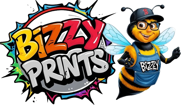 Logo of a playful bee with 'Fizzy Prints' text in comic style.