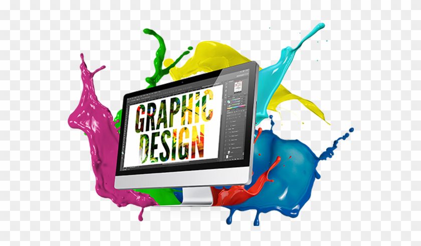 A computer displaying graphic design with colorful paint splashes.