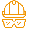 Orange construction helmet and safety glasses icon.