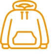 Orange hoodie icon with a front pocket and drawstrings.