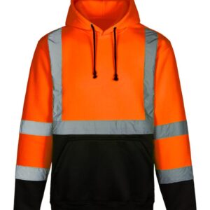 High-visibility orange and black safety hoodie with reflective stripes.