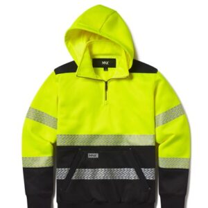 High-visibility yellow and black safety hoodie with reflective stripes.