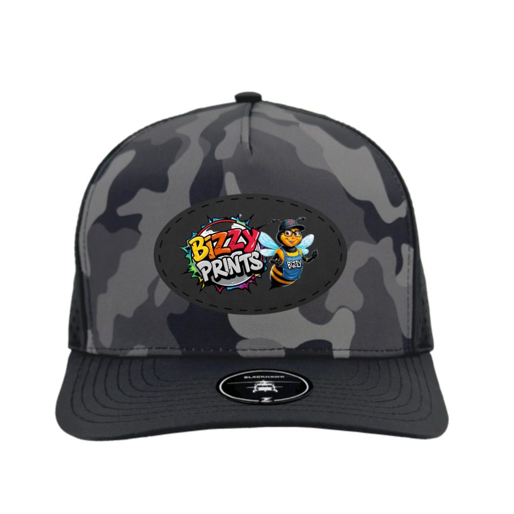 Black and gray camo snapback hat with colorful logo.
