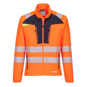 High-visibility orange safety jacket with reflective stripes and black accents.