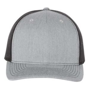Gray and black trucker cap with mesh back.