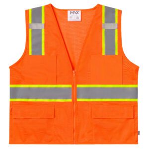 Bright orange safety vest with reflective stripes.
