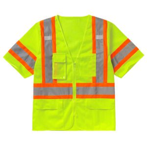 High-visibility safety vest with reflective orange and gray stripes.