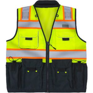 High-visibility safety vest with multiple pockets and reflective stripes.