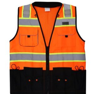 High-visibility orange and black safety vest with reflective stripes.