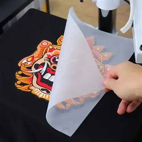 Hand applying heat transfer vinyl with a tiger design on black fabric.