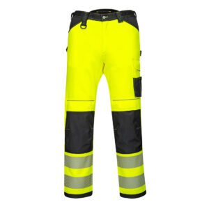 High-visibility work pants with reflective stripes and reinforced black patches.