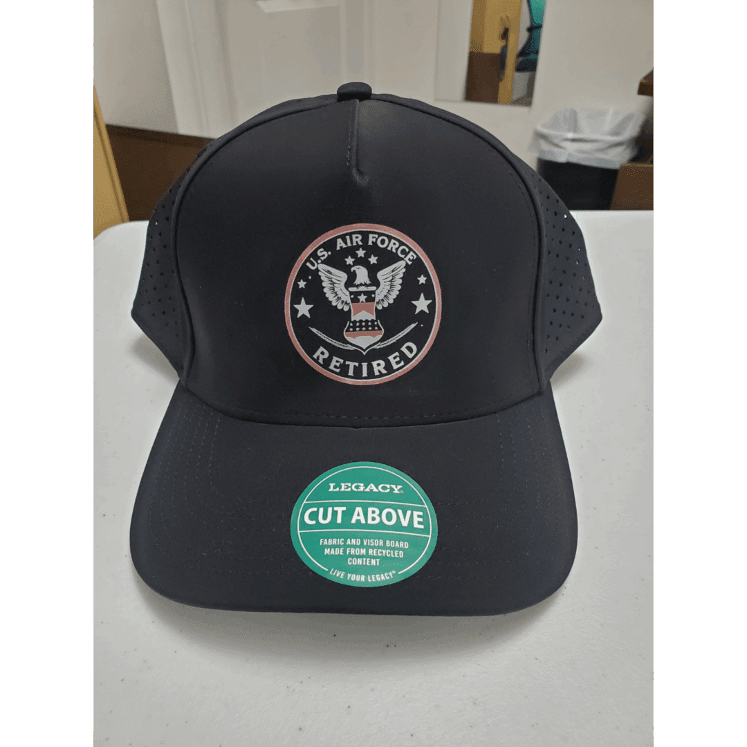 Black baseball cap with an eagle logo and 'Veterans' text.