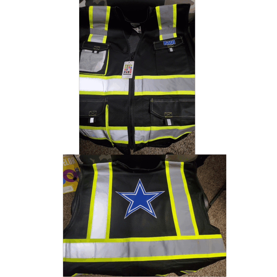 Reflective safety vest with a blue star emblem on the back.