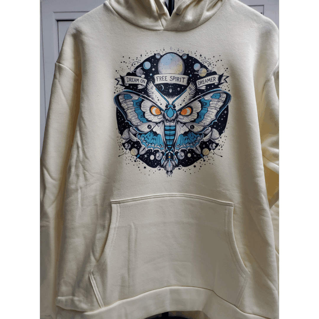 Beige hoodie featuring a stylized owl graphic in blue and black.
