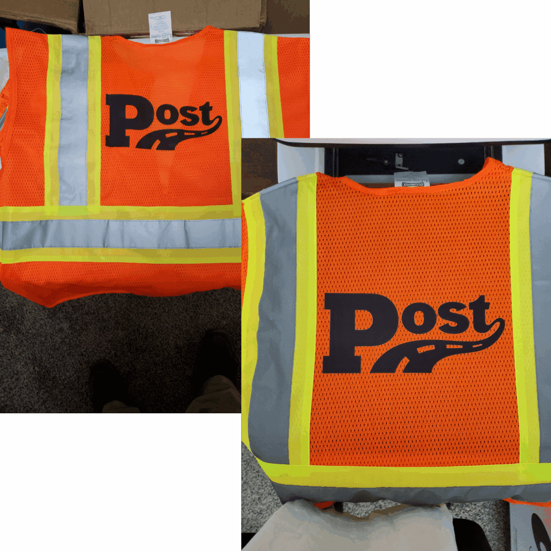 Bright orange and yellow Post Australia safety vests with reflective strips.