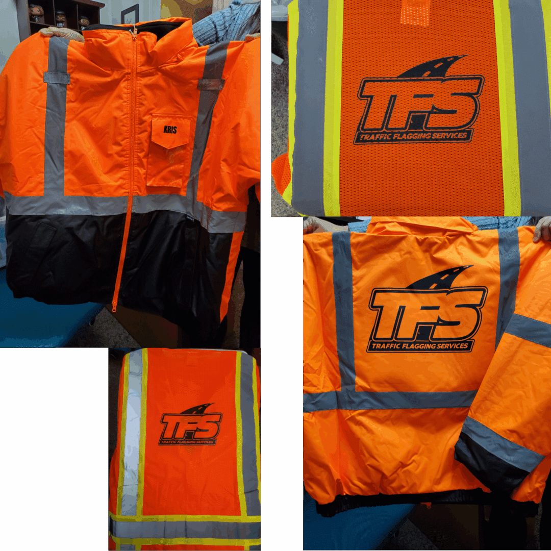 High-visibility orange safety jackets with reflective stripes and TPS logo.