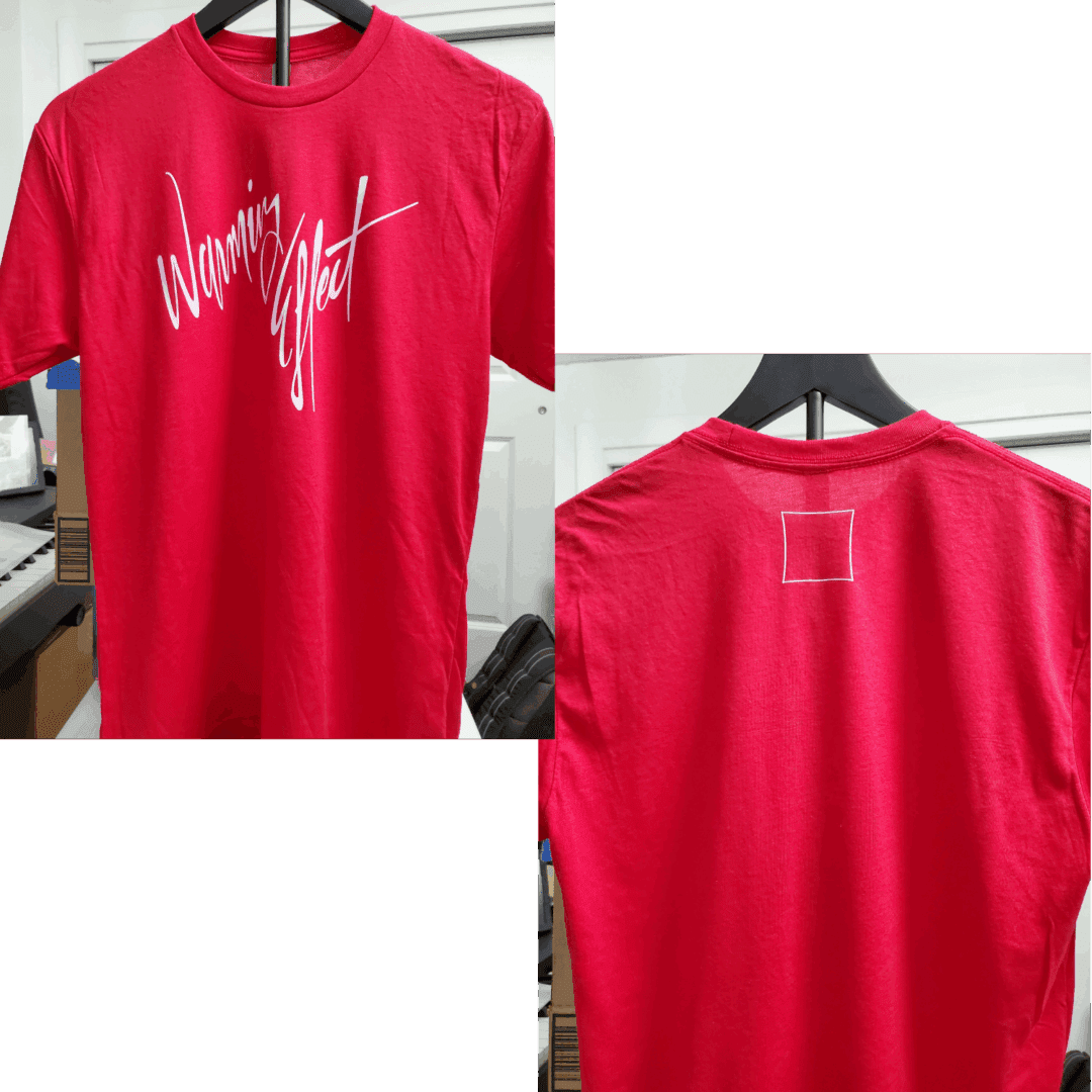 Red T-shirt with white graphic text on front and small design on back.