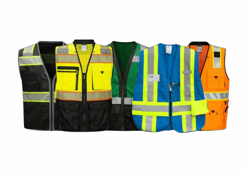 Five different high-visibility safety vests in various colors and designs.